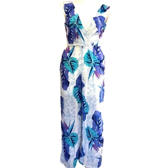 JAPNA White + Blue Tropical Leaf Floral Romper Jumpsuit Cut Out Size Small - Picture 2 of 9